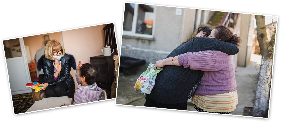 Two images: Ann Todorov providing care for a child with disability, and two women hugging.