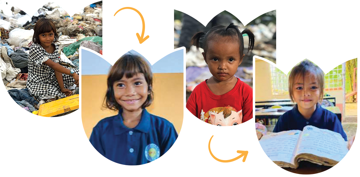 Before and after pictures of two Cambodian girls who used to live in landfills